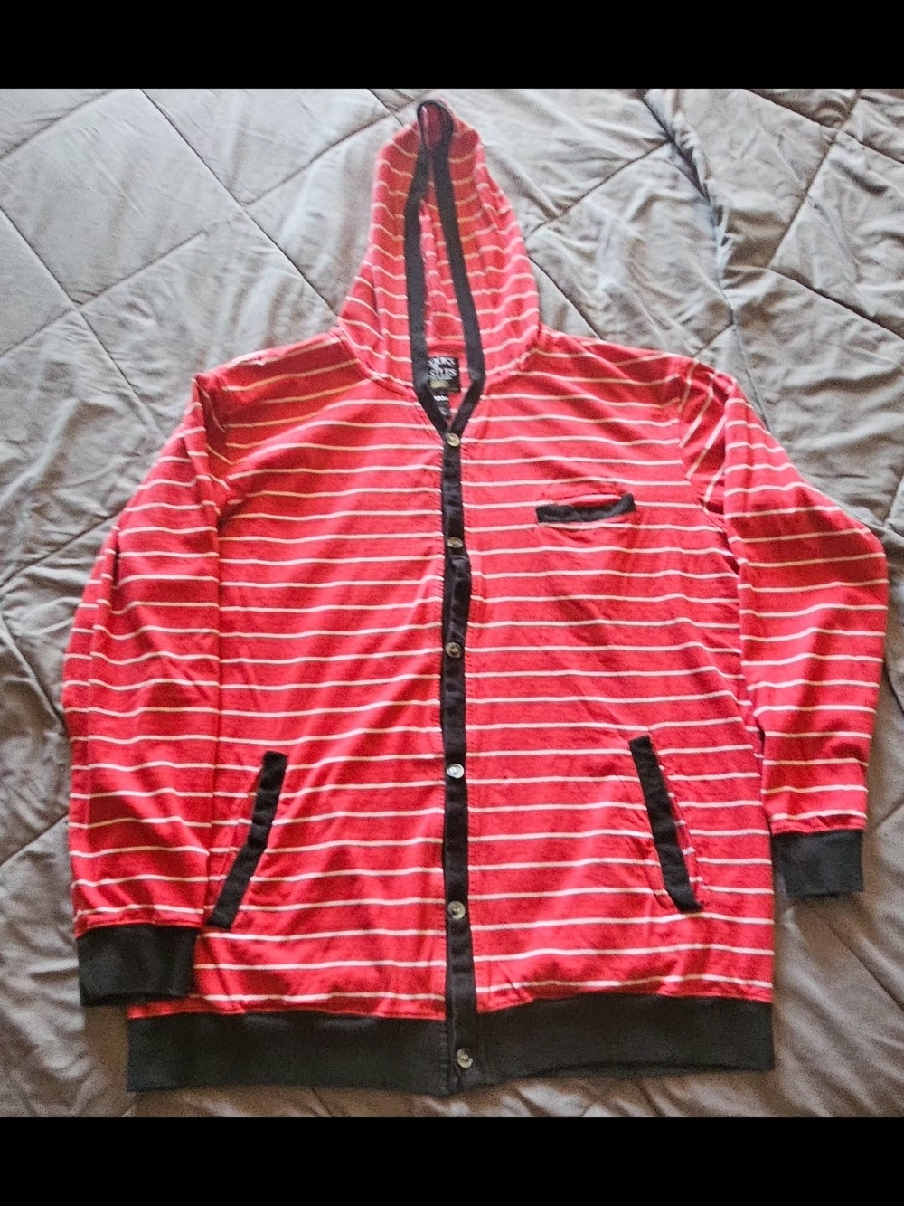 Crooks & Castles Red and White Striped Hooded Jacket with Black Trim